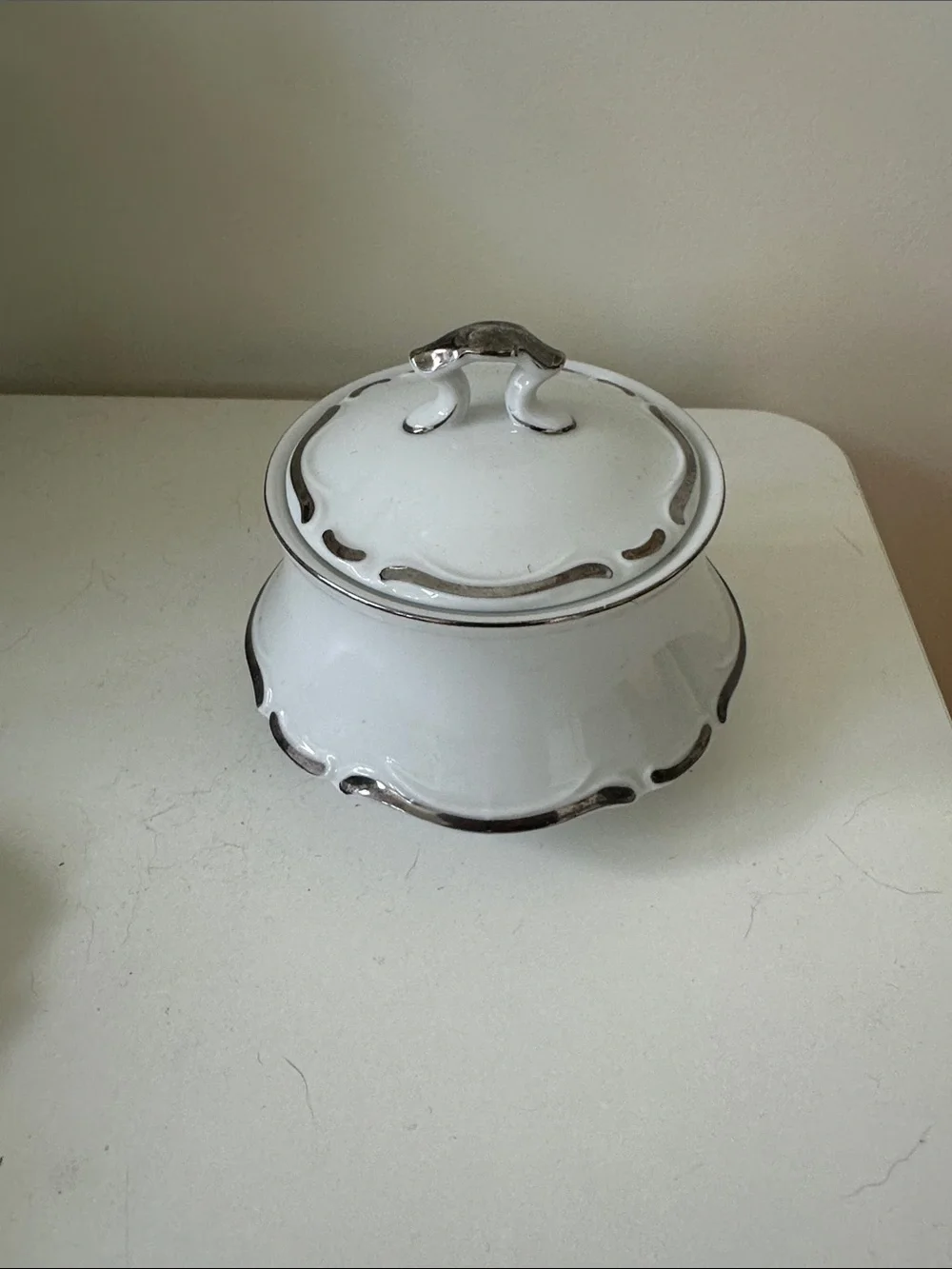 White Ceramic Lidded Sugar Bowl with Silver Accent